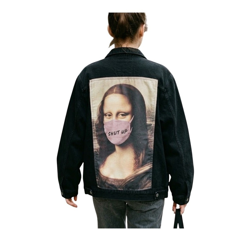 American Bazi Mona‎ Lisa Graffiti Shut Up Jean Jacket Black Distressed Denim M